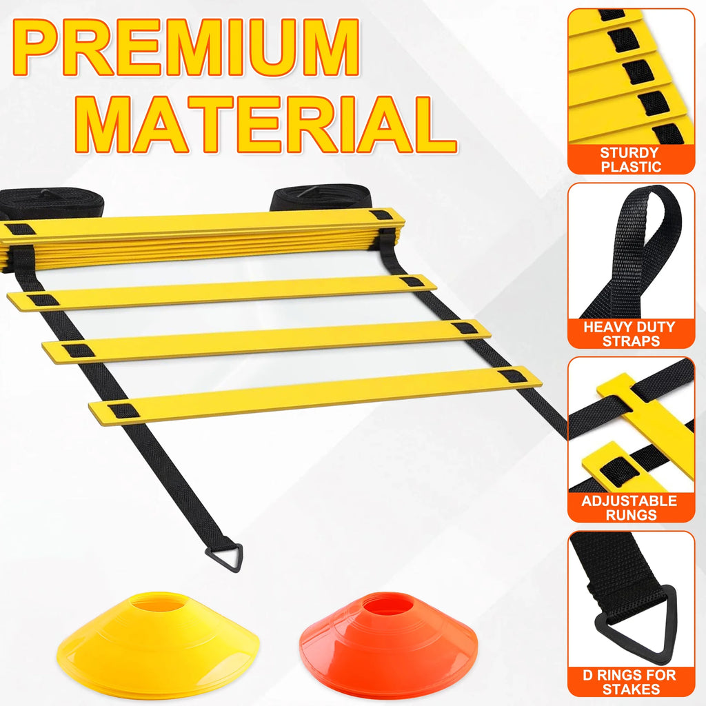 Agility Ladder Speed Training Equipment, 12 Rungs 20Ft Adjustable Speed Ladder for Soccer, 12 Soccer Cones, 4 Stakes, Football Basketball Training Equipment with Carry Bag for Youth Adults