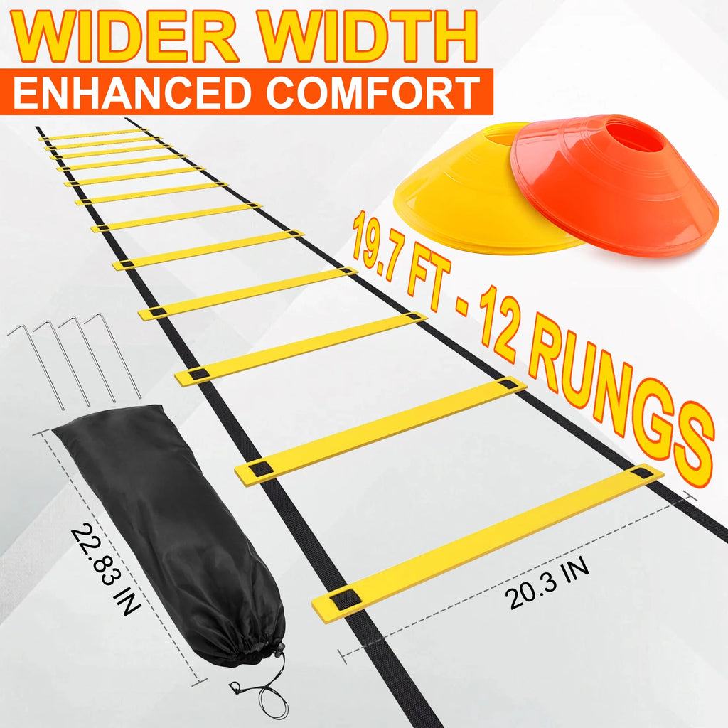 Agility Ladder Speed Training Equipment, 12 Rungs 20Ft Adjustable Speed Ladder for Soccer, 12 Soccer Cones, 4 Stakes, Football Basketball Training Equipment with Carry Bag for Youth Adults